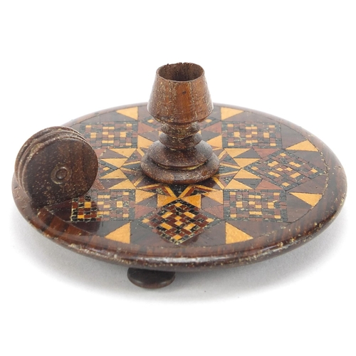 260 - Victorian rosewood Tunbridge Ware Wee Willy Winkie candlestick, 7.5cm in diameter