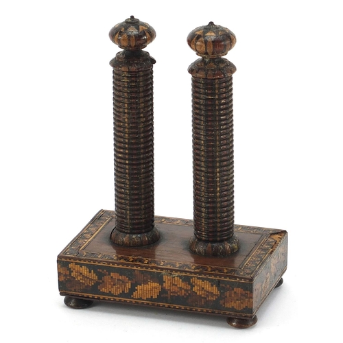 261 - Victorian rosewood Tunbridge Ware thermometer stand with square pillars, 13cm high