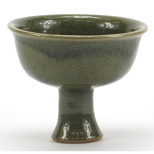 1864 - Chinese porcelain stem bowl having a celadon glaze, 11cm high x 14cm in diameter