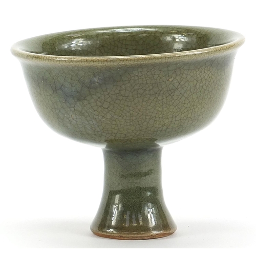 1864 - Chinese porcelain stem bowl having a celadon glaze, 11cm high x 14cm in diameter