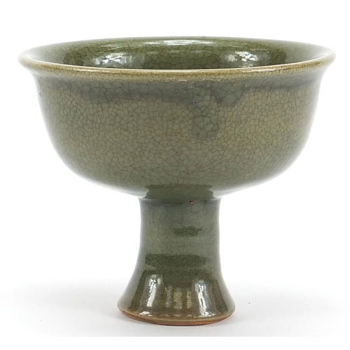 1864 - Chinese porcelain stem bowl having a celadon glaze, 11cm high x 14cm in diameter