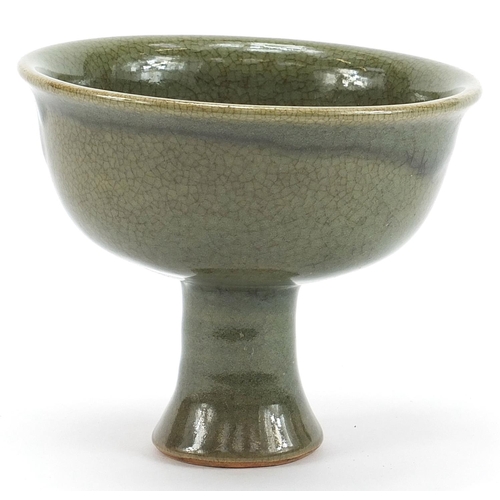 1864 - Chinese porcelain stem bowl having a celadon glaze, 11cm high x 14cm in diameter