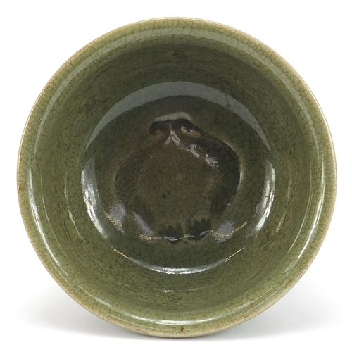 1864 - Chinese porcelain stem bowl having a celadon glaze, 11cm high x 14cm in diameter