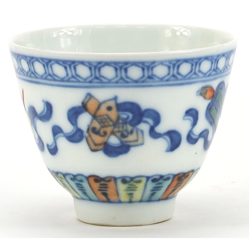 1842 - Chinese porcelain tea bowl decorated with Daoist emblems, six figure character marks to the base, 6c... 