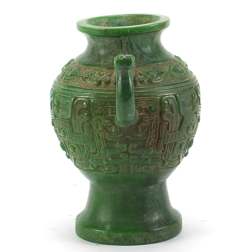 755 - Chinese archaic style carved green jade vase with twin dragon handles, 17.5cm high