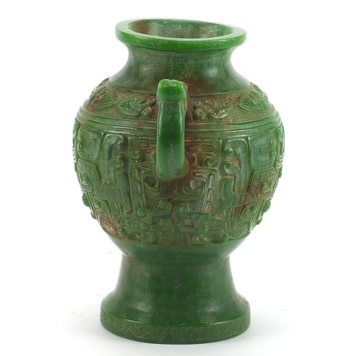 755 - Chinese archaic style carved green jade vase with twin dragon handles, 17.5cm high