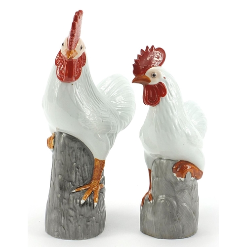 1866 - Pair of hand painted Chinese porcelain chickens, the largest 29.5cm high