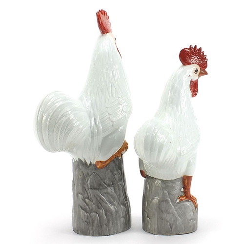 1866 - Pair of hand painted Chinese porcelain chickens, the largest 29.5cm high