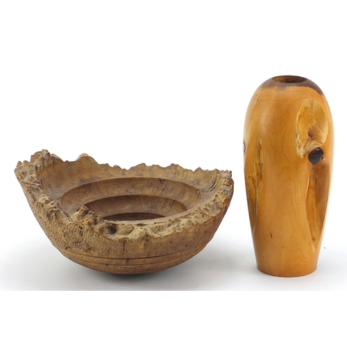 225 - Large naturalistic elm bowl and a Merlin Woodcraft vase, the largest 24cm high