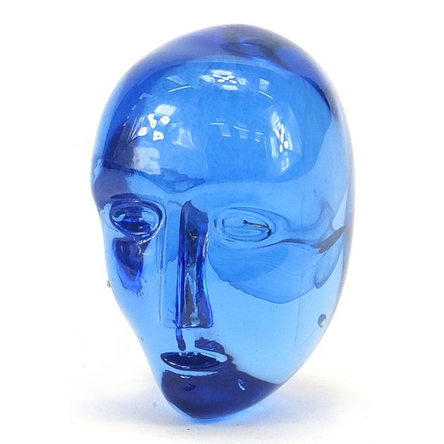 2038 - Blue glass face paperweight, possibly Scandinavian, indistinct signature to the base, 7.5cm high