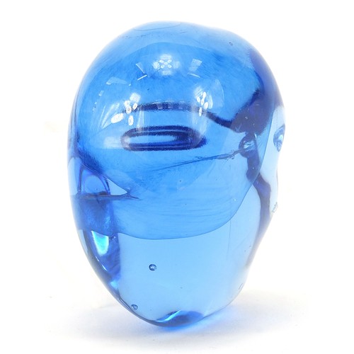 2038 - Blue glass face paperweight, possibly Scandinavian, indistinct signature to the base, 7.5cm high