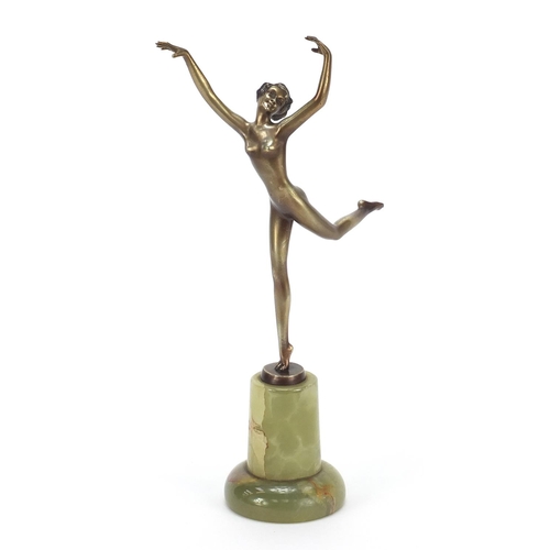 15 - Josef Lorenzl, Austrian Art Deco patinated bronze figurine of a dancing nude female raised on a circ... 