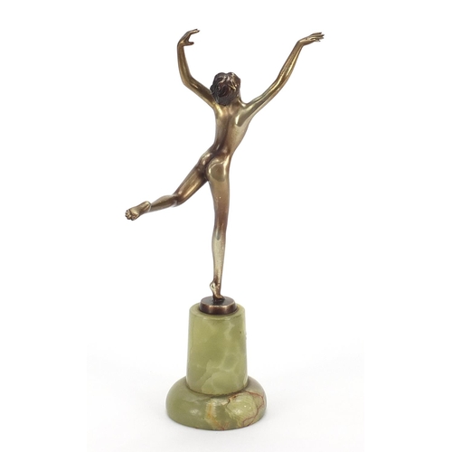 15 - Josef Lorenzl, Austrian Art Deco patinated bronze figurine of a dancing nude female raised on a circ... 