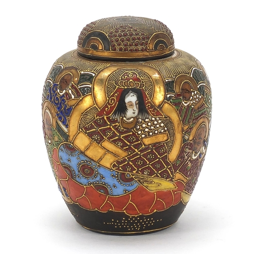 1807 - Japanese Satsuma pottery tea caddy and cover hand painted with figures, 14cm high