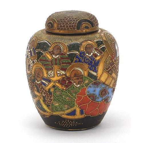 1807 - Japanese Satsuma pottery tea caddy and cover hand painted with figures, 14cm high