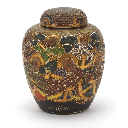 1807 - Japanese Satsuma pottery tea caddy and cover hand painted with figures, 14cm high