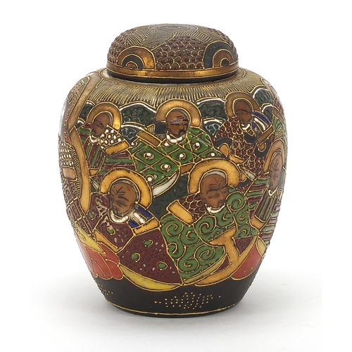 1807 - Japanese Satsuma pottery tea caddy and cover hand painted with figures, 14cm high