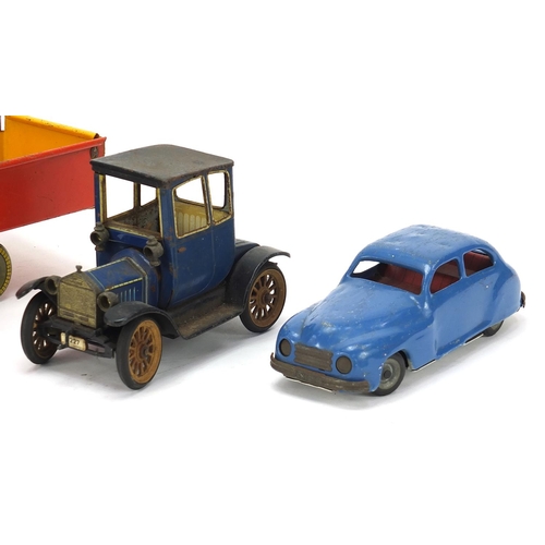 921 - Antique and later tinplate toys comprising a Schuco Ford Coupet 1917, Chad Valley Harborme car and a... 