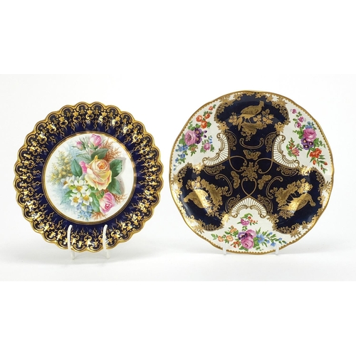 2063 - Spode cobalt blue ground comport hand painted with flowers and a similar Booths plate, the largest 2... 