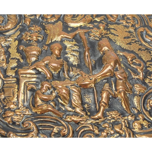 608 - 18th century brass snuff box embossed with classical figures, 7cm wide