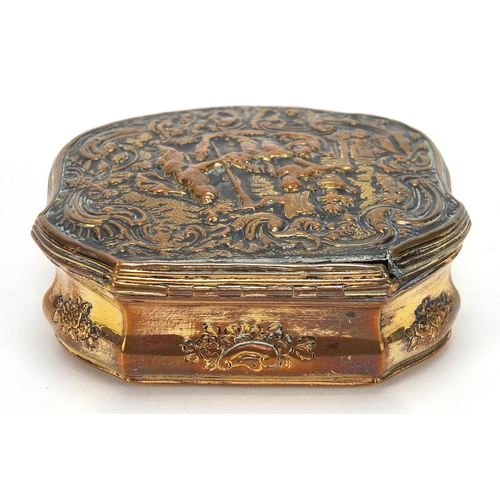 608 - 18th century brass snuff box embossed with classical figures, 7cm wide