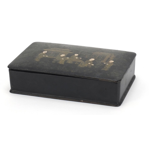 654 - Chinese black lacquered bridge box housing mother of pearl gaming counters and tooled leather whist ... 