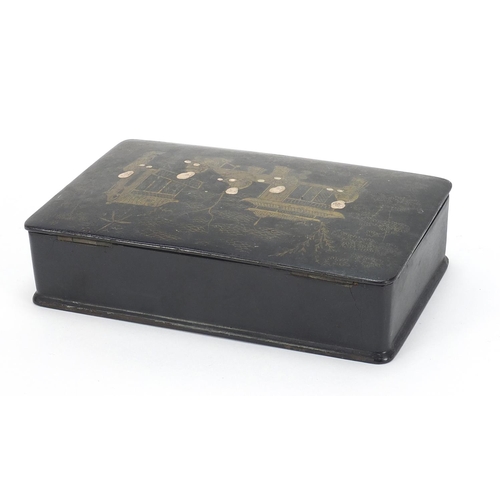 654 - Chinese black lacquered bridge box housing mother of pearl gaming counters and tooled leather whist ... 