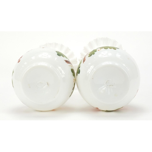 415 - Pair of 19th century white opaline glass vases hand painted with fruit and berries, each 25cm high