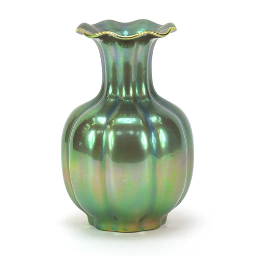 480 - Zsolnay Pecs, Hungarian green lustre vase, 15.5cm high