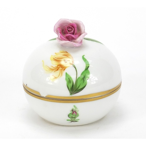 1810 - Herend, Hungarian porcelain box and cover hand painted with flowers, 7.5cm in diameter