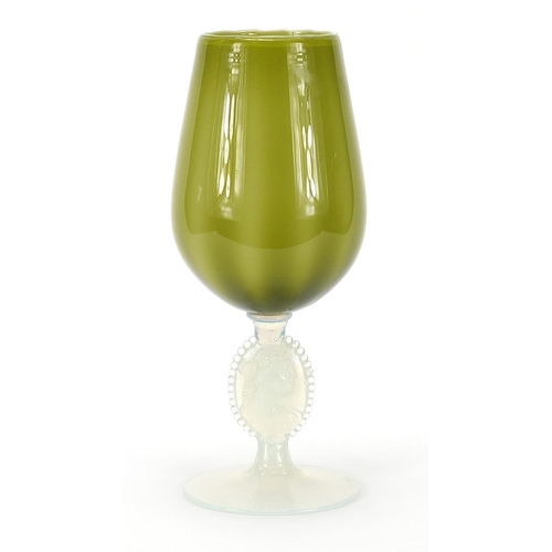 581 - Large green goblet vase with opalescent figural stem, 34cm high