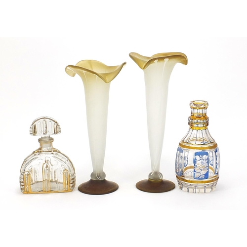 1803 - Glassware comprising a pair of vases, an etched decanter and Art Deco perfume bottle, the largest ea... 