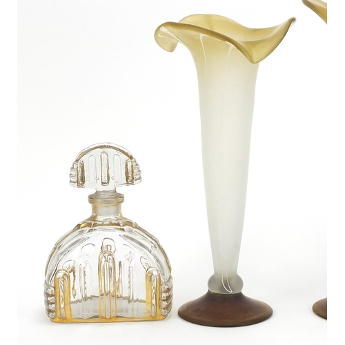 1803 - Glassware comprising a pair of vases, an etched decanter and Art Deco perfume bottle, the largest ea... 