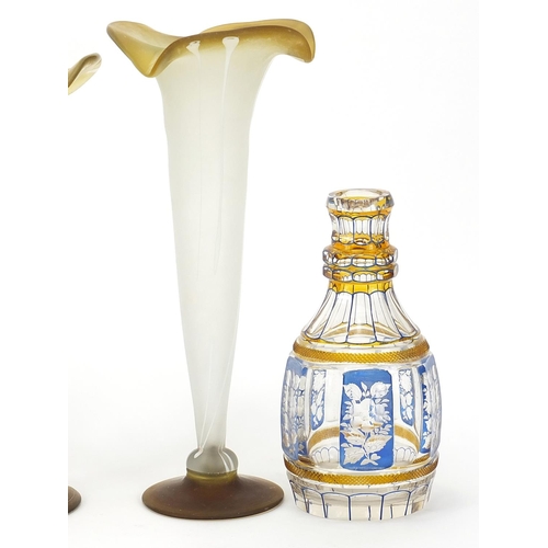 1803 - Glassware comprising a pair of vases, an etched decanter and Art Deco perfume bottle, the largest ea... 