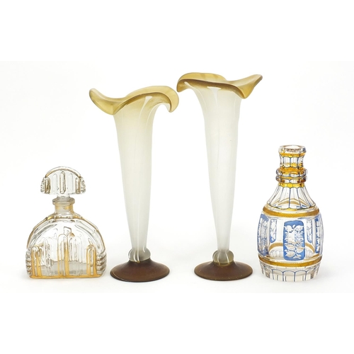 1803 - Glassware comprising a pair of vases, an etched decanter and Art Deco perfume bottle, the largest ea... 