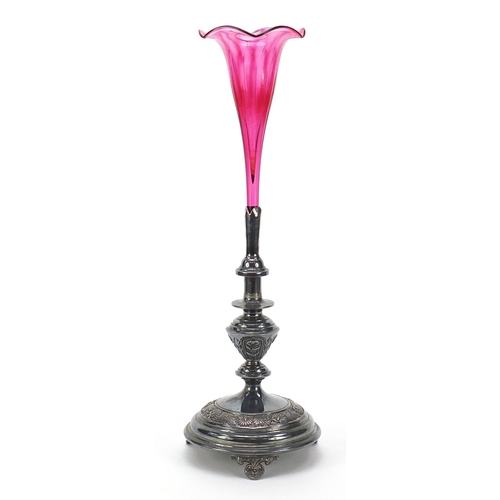 417 - Walker & Hall silver plated single branch epergne with cranberry glass branch, 48cm high