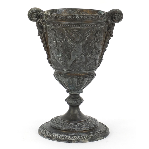 1802 - 19th century classical bronze vase decorated in relief with Putti, 23cm high