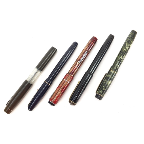 111 - Five vintage fountain pens, four with gold nibs including two marbleised and a Swan self-filler