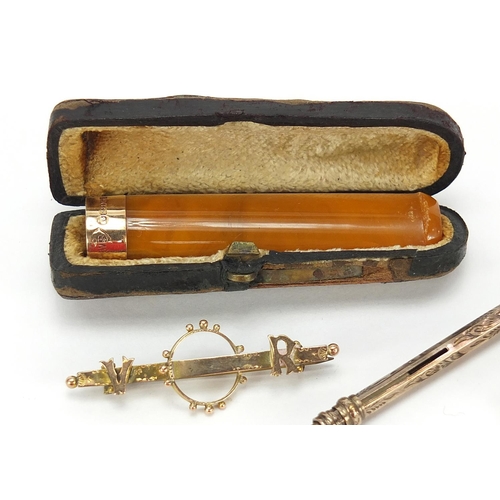 612 - Objects including Victorian gold coloured metal propelling pencil with citrine top, 9ct gold brooch ... 