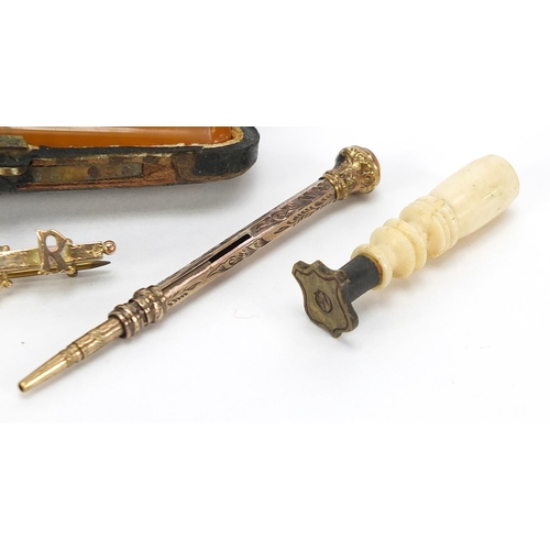 612 - Objects including Victorian gold coloured metal propelling pencil with citrine top, 9ct gold brooch ... 