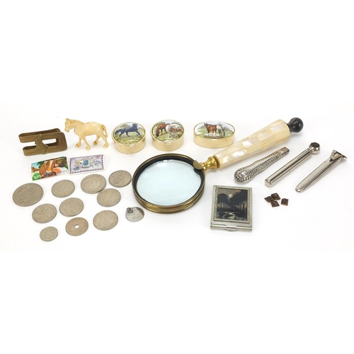 1898 - Objects including carved ivory horse, silver handle, horse design patch boxes and a magnifying glass... 