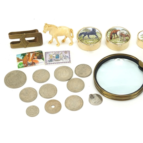 1898 - Objects including carved ivory horse, silver handle, horse design patch boxes and a magnifying glass... 