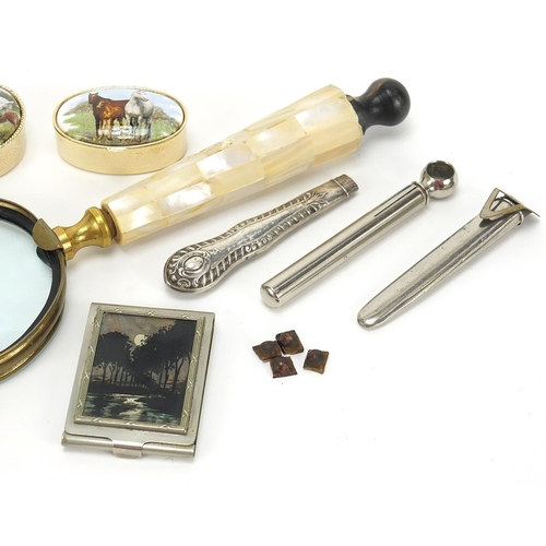 1898 - Objects including carved ivory horse, silver handle, horse design patch boxes and a magnifying glass... 