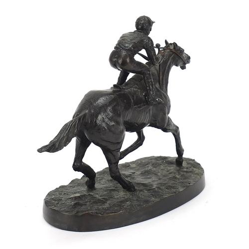 344 - After Mene, Patinated bronze study of a jockey on horseback, 26.5cm in length