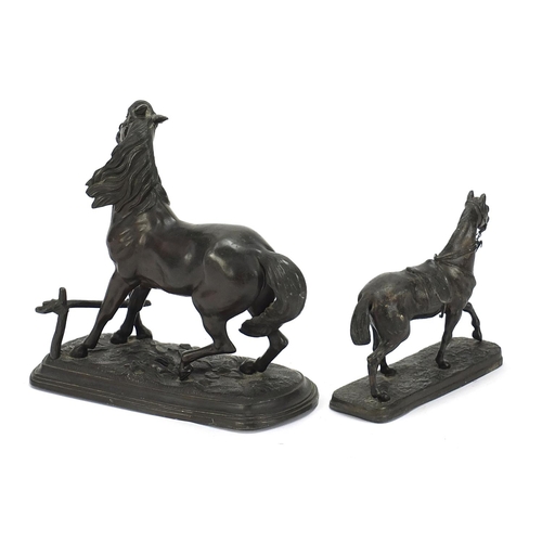 1901 - Two patinated spelter horses, the largest 21cm wide