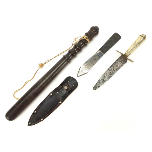 1897 - Two military interest hunting knives including one with a leather sheath and a Police truncheon, the... 