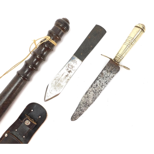 1897 - Two military interest hunting knives including one with a leather sheath and a Police truncheon, the... 