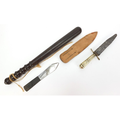 1897 - Two military interest hunting knives including one with a leather sheath and a Police truncheon, the... 