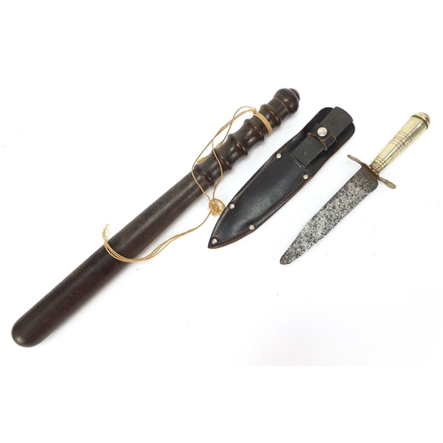 1897 - Two military interest hunting knives including one with a leather sheath and a Police truncheon, the... 