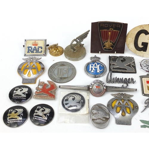 852 - Vintage car badges and mascots including Jaguar, Vauxhall, AA and Rover